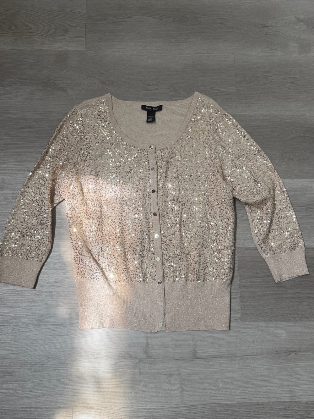 White House Black Market Champagne Sequin Button-Front Cardigan